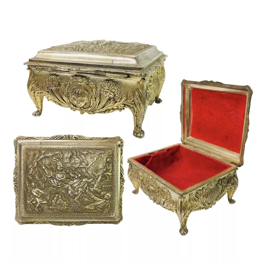Brass Jewelry Casket Vanity Trinket Box Footed Victorian Art Nouveau Light Gold